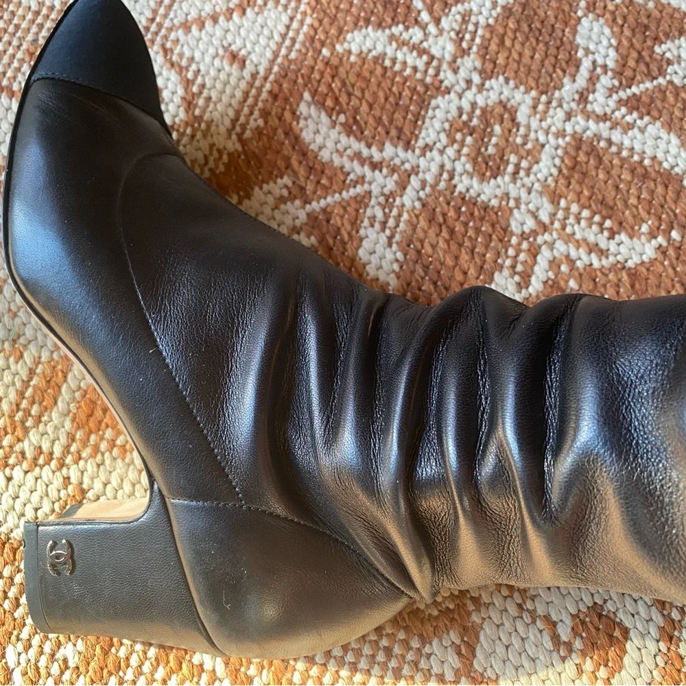 CHANEL Black Soft Lambskin Knee Heeled Boots